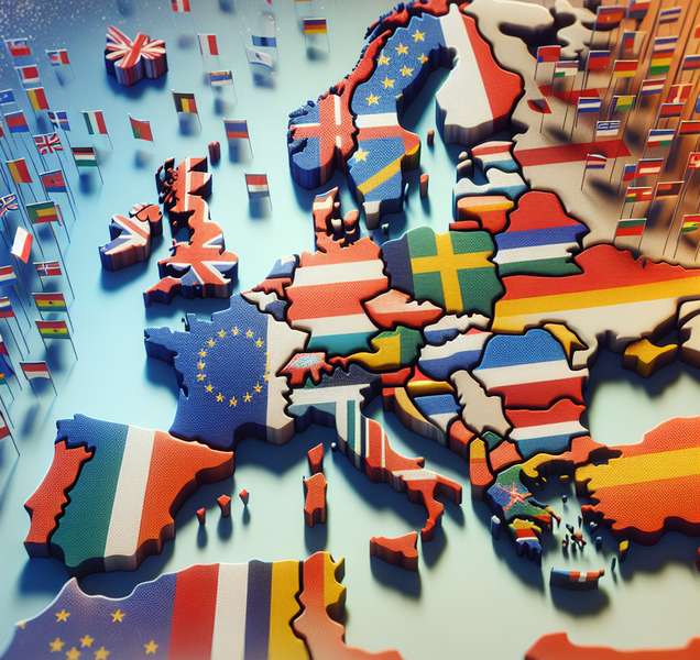 Mapa de Europa con banderas de países sobre fondo abstracto. Ilustración para artículo sobre referéndums de autodeterminación en Europa.