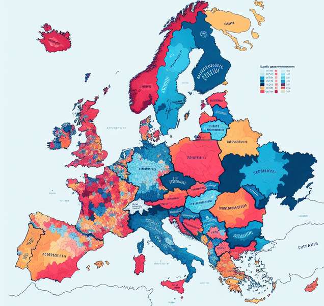Mapa de Europa con colores que representan los resultados de referéndums de autodeterminación en diferentes países.
