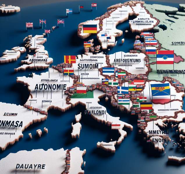 Mapa de Europa con banderas de países y palabras clave sobre referéndums de autodeterminación.
