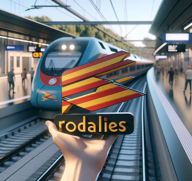 Logotipo de Rodalies con trenes en movimiento en una estación de Cataluña, gestionado por Renfe Operadora