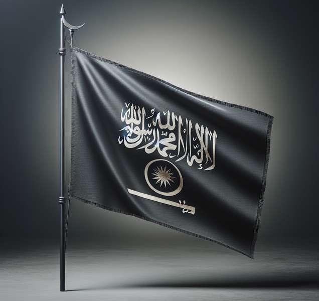 Bandera negra con la inscripción de la Shahada, símbolos del Islam