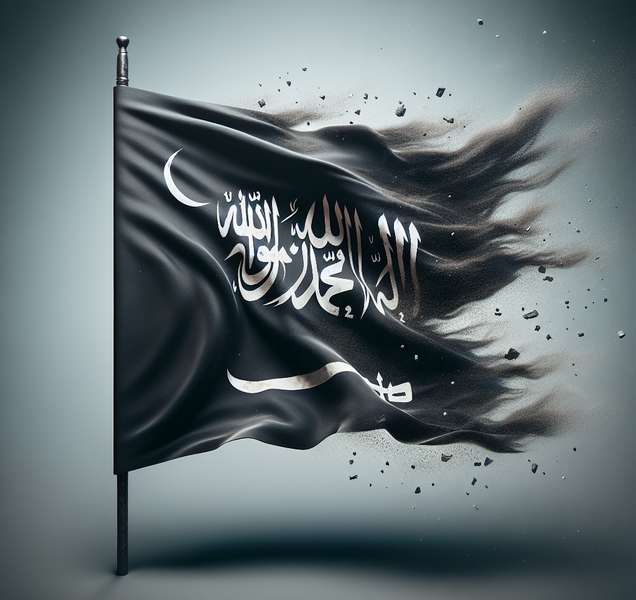 Imagen de una bandera negra ondeando al viento, con inscripciones en árabe y el símbolo de la Shahada, representando el significado religioso de estos elementos en el Islam.