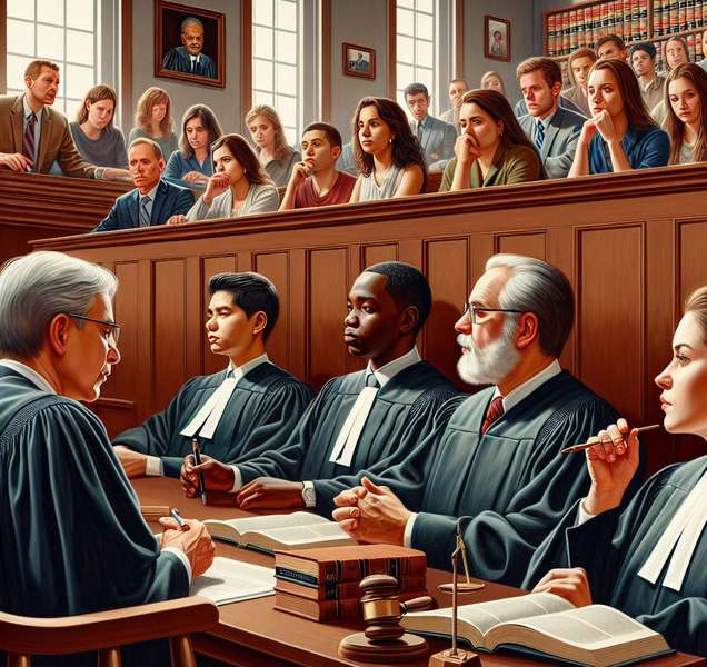 'Ilustración de un tribunal con jueces discutiendo un caso mientras personas observan.'