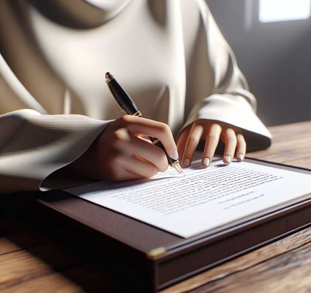 Persona escribiendo a mano en un documento legal, con un bolígrafo negro sobre un papel blanco en una mesa de madera.
