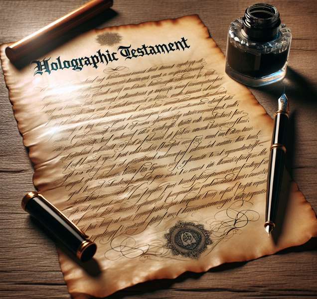 Imagen de un documento escrito a mano con letras cursivas sobre una mesa de madera, representando un testamento ológrafo para ilustrar el contenido del artículo sobre su significado legal.