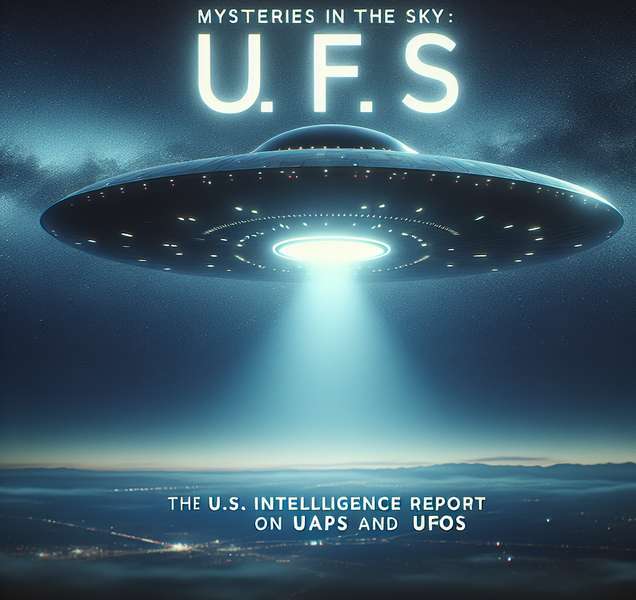 Imagen de un OVNI con texto superpuesto: Misterios en el cielo: el informe de inteligencia de EE. UU. sobre UAPs y FANIs.